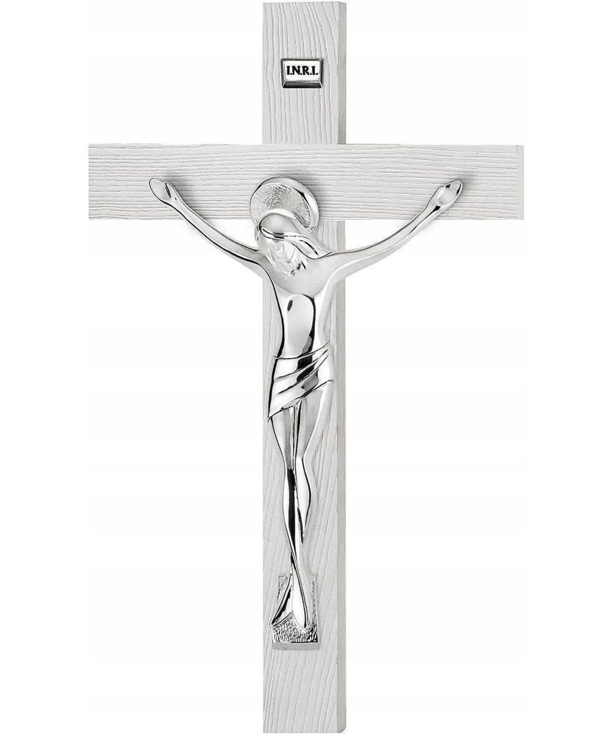 Krzyż na ścianę biały – posrebrzana pasyjka PVD (Miro-Silver), drewno VR 182932ARG.jpg